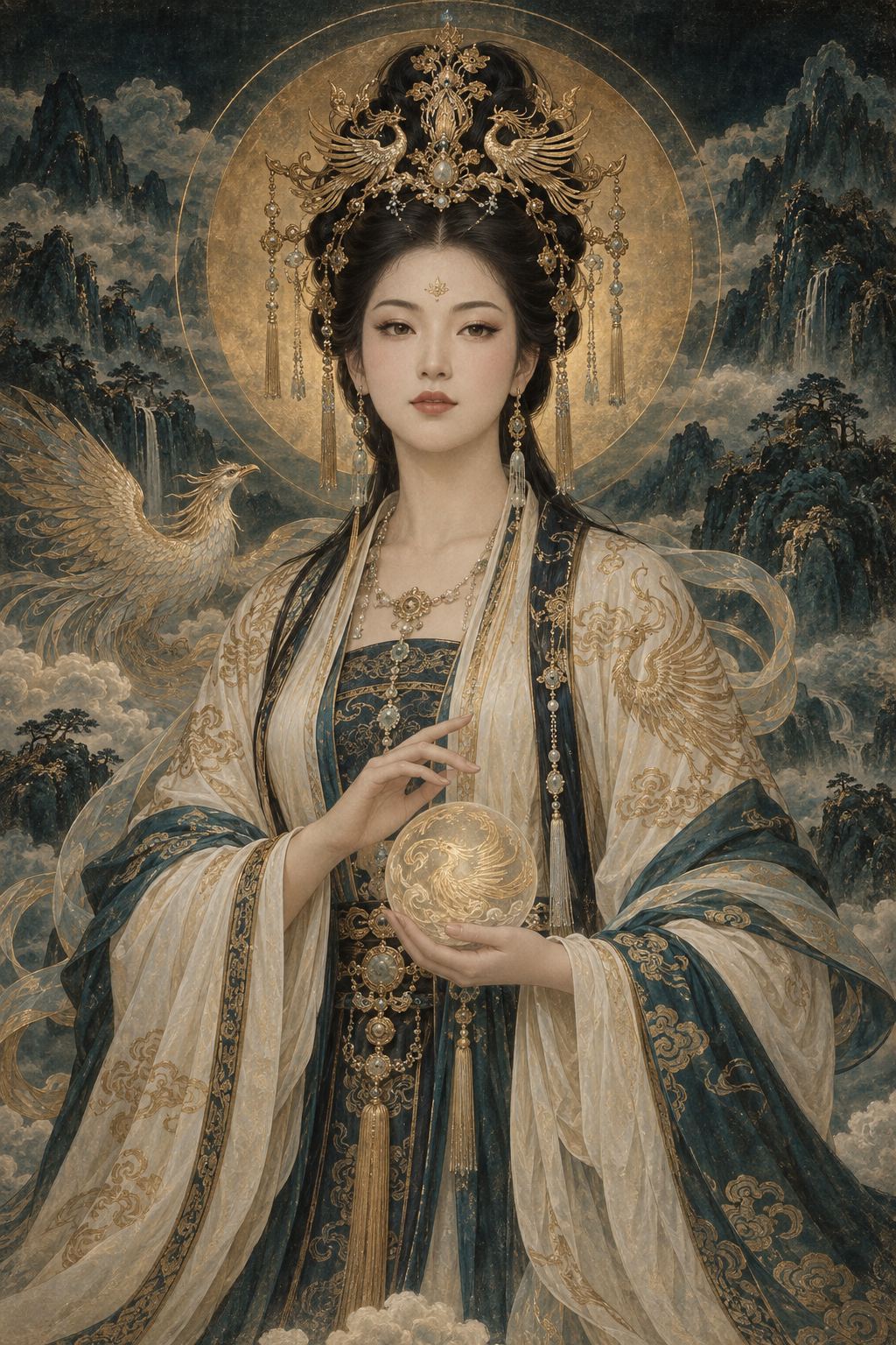 身著青金華服、頭戴鳳冠的九天玄女主題藝術插畫